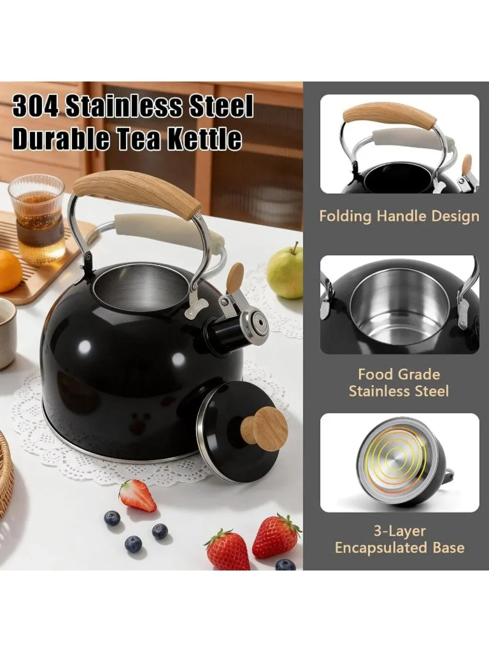 Black Stainless Steel Whistling Tea Kettle 2.4L Stovetop Induction Gas Handle